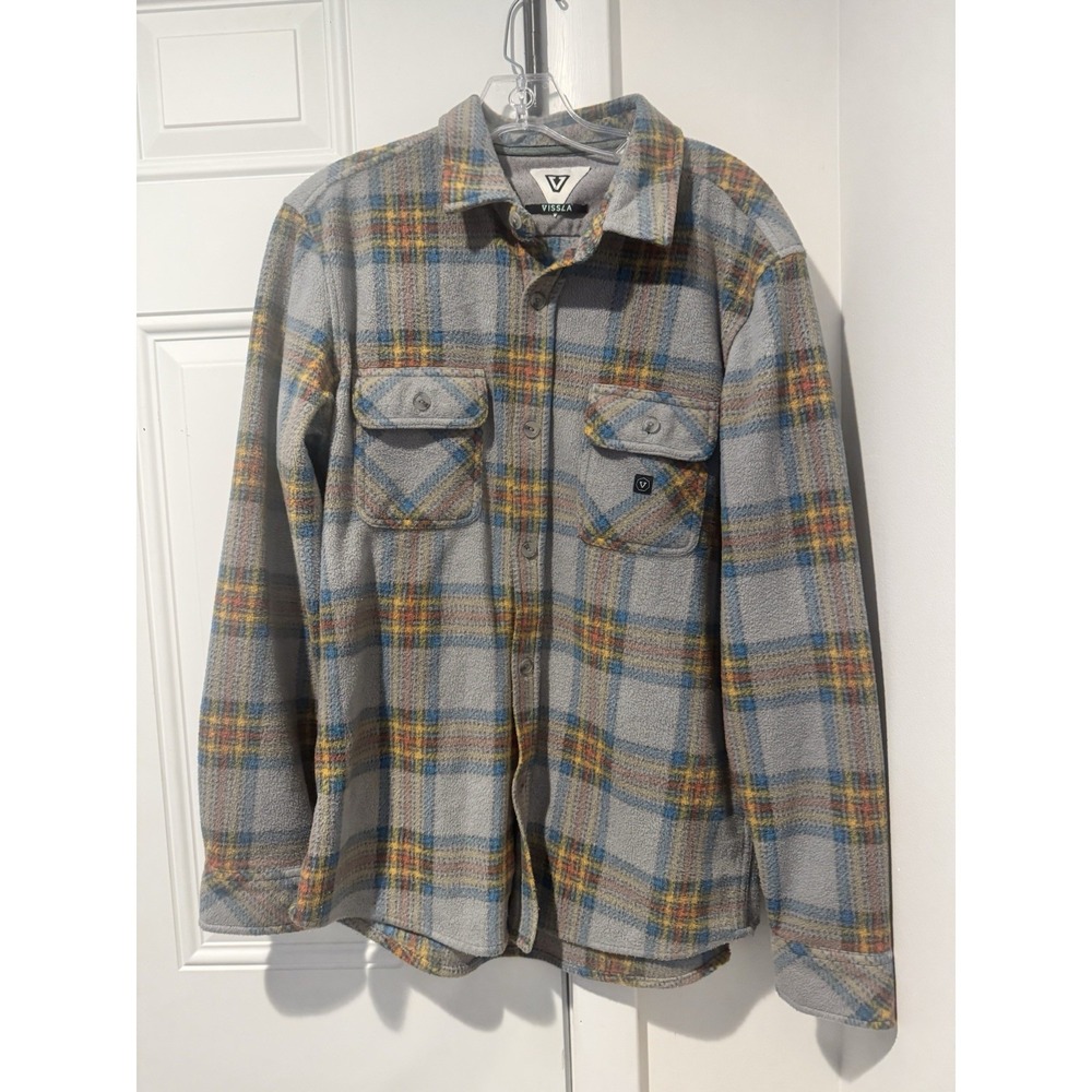 Vissla Eco-Zy Polar Fleece Flannel Shirt Jacket Gray Colored Plaid Shacket M